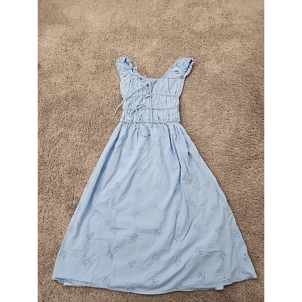 Sim & Sam Midi Dress Womens XS Blue Eyelet Smocked Boho Cotton
